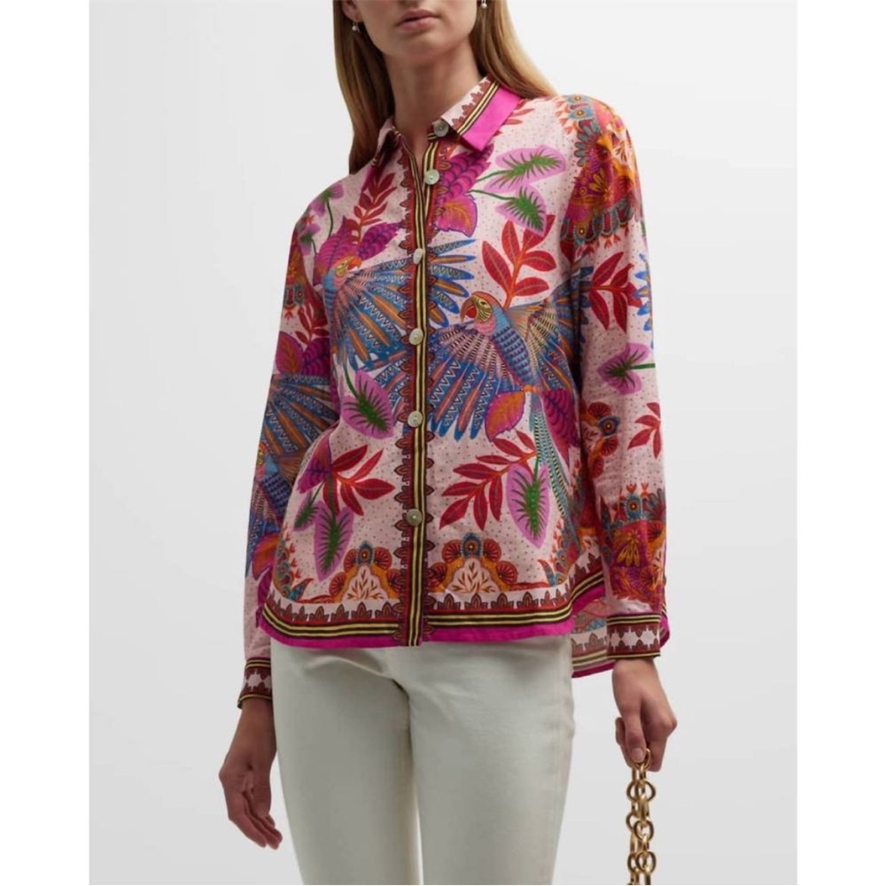 Farm Rio Macaw scarf printed long sleeve buttonup shirt pink collar linen sz Med